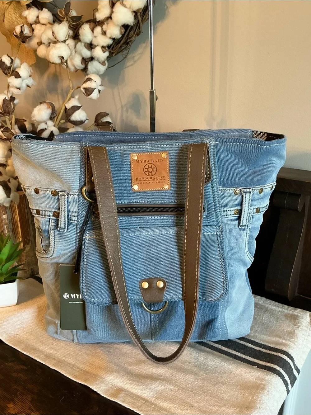 NWT Myra Bag Ashley Adventure Upcycled Blue Denim Shoulder Tote Bag MSRP $65